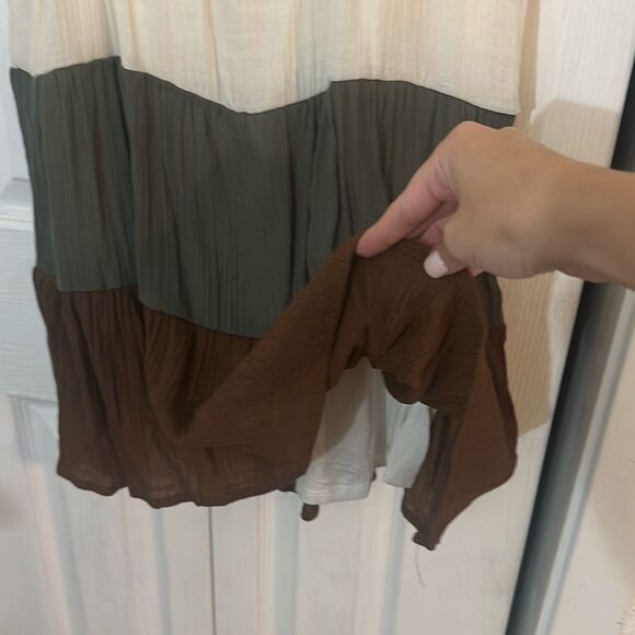 Mine Womens Color-block Flutter Sleeve Tiered Tunic Mini Dress Brown Cream Small - Picture 3 of 9